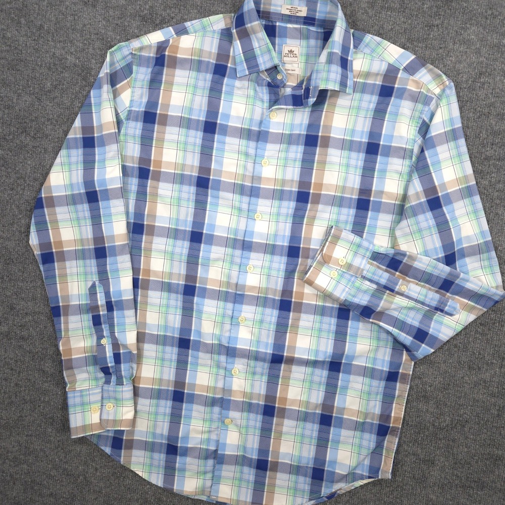 Peter Millar Crown Sport Shirt Mens M Blue Plaid Performance Button Up Casual